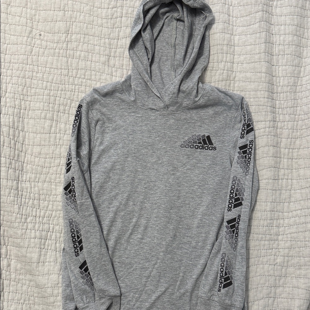 Boys Adidas Gray Hooded Shirt with Logo Accents